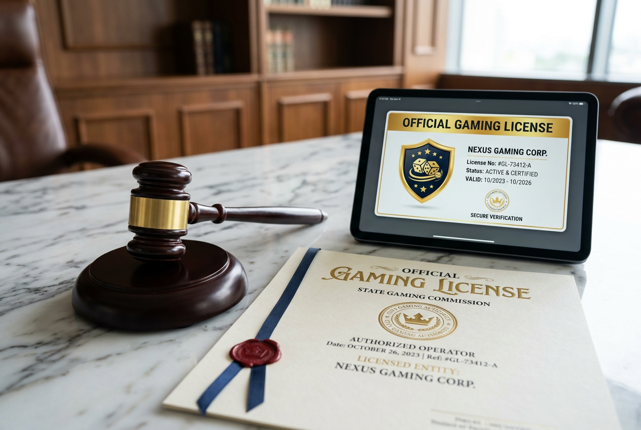 A gavel and legal documents representing gaming regulations.