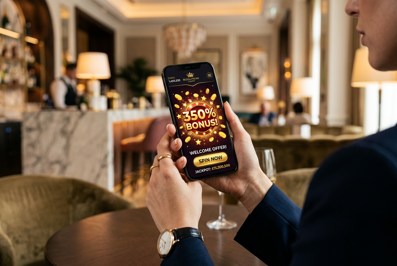 A modern smartphone displaying a casino app with a large bonus offer.